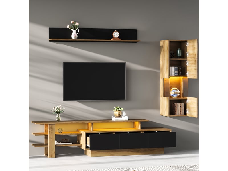  Ensemble meuble tv mural 3 pièces bois et noir avec led pour tv 80 pouces  - Conforama B