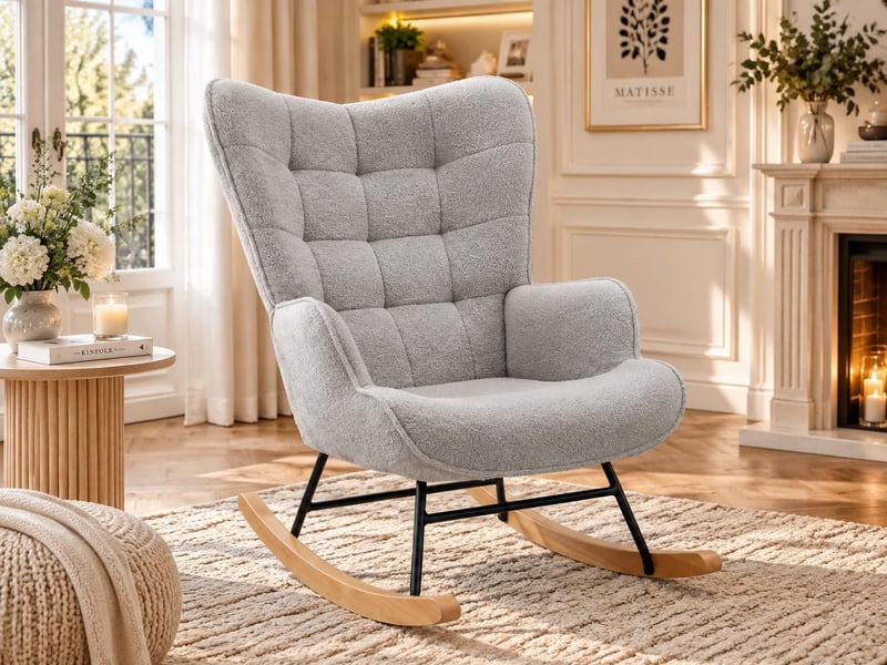  Gray teddy bear plush rocking chair, square tufted high-backed cushioned rocking chair with wooden rocking rod, suitable for bedroom, nursery, and living room.  - Conforama B