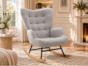 Gray teddy bear plush rocking chair, square tufted high-backed cushioned rocking chair with wooden rocking rod, suitable for bedroom, nursery, and living room.