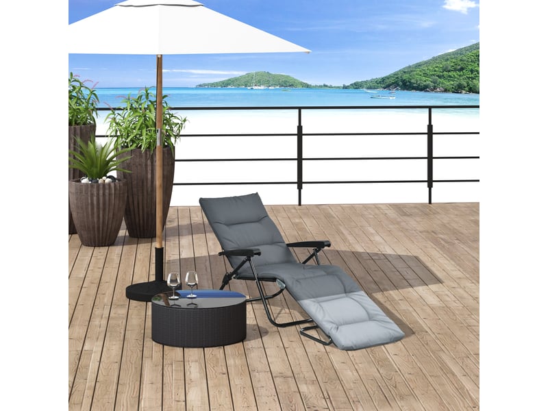 Bain de soleil pliable transat inclinable 6 positions avec matelas + accoudoirs acier polyester gris  - Conforama C