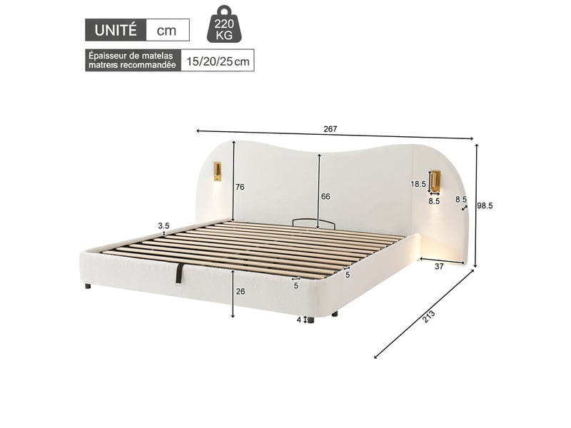  Lit double rembourré 180 x 200 cm avec coffre hydraulique, port usb, lampe de lecture et dossier extra-long, bouclé blanc  - Conforama C