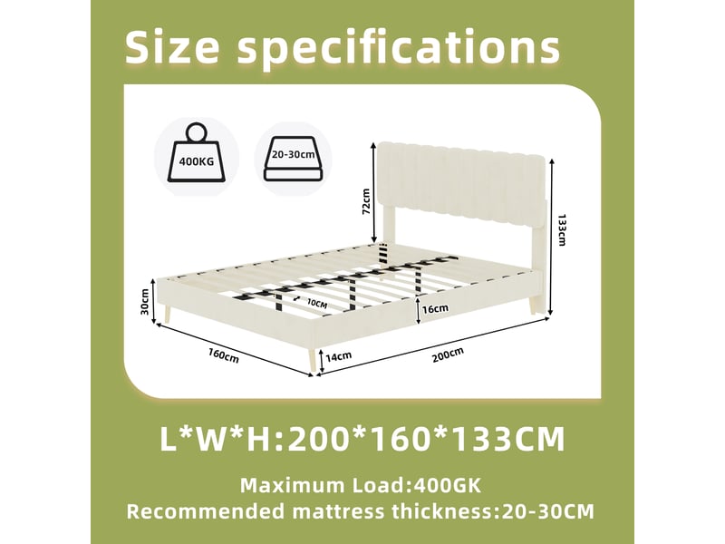  Lit double 200×160 cm en tissu velours beige et métal, sans matelas  - Conforama D