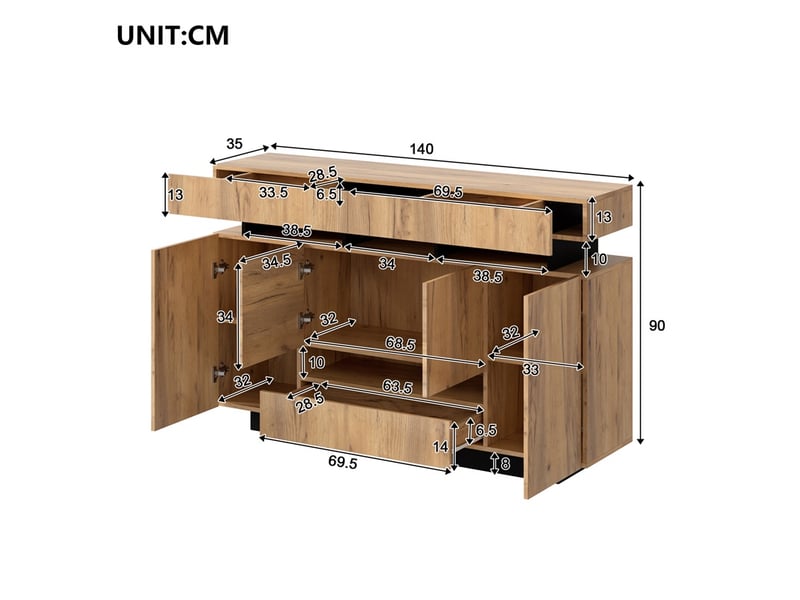  Buffet 140 x 35 x 90 cm - meuble bas en bois avec 3 tiroirs, 4 portes et éclairage led rgb - aspect naturel et noir  - Conforama E