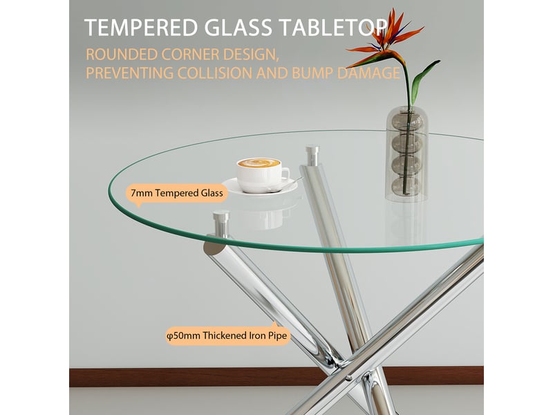  Table à manger ronde 2 à 4 places en verre trempé - lpospi - piètement croisé réglable métal argenté 80 × 80 × 76 cm  - Conforama E