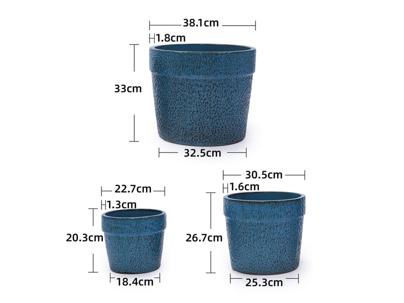  Lot de 3 pots de fleurs en céramique bleu antique, finition brillante et drainage intégré pour plantes  - Conforama C