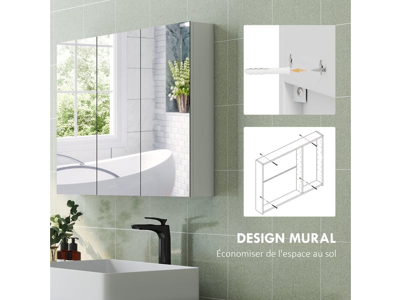  Armoire murale salle de bain avec miroir, armoire de toilette 3 portes miroir, étagères réglables, blanc, 91,5x11,5x65cm  - Conforama W