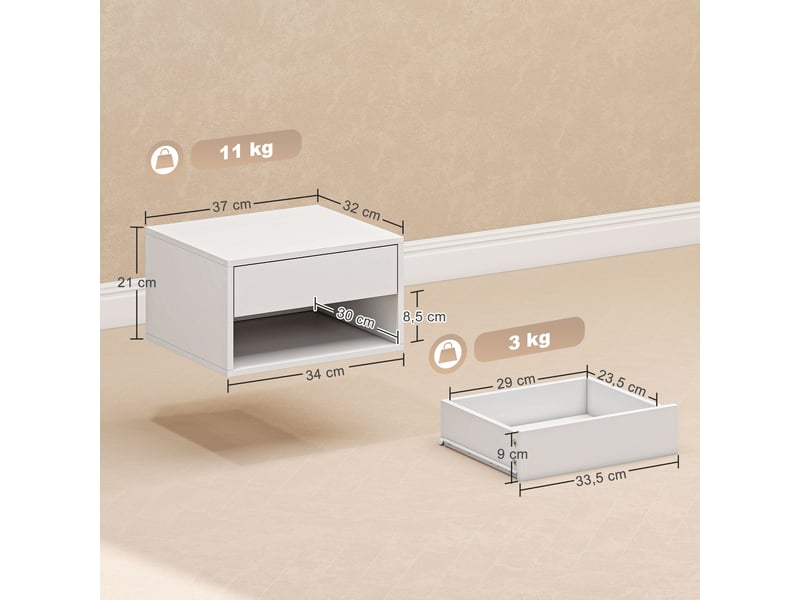  Lot de 2 tables de chevet murales avec tiroir et niche blanc 37 x 32 x 21 cm  - Conforama C