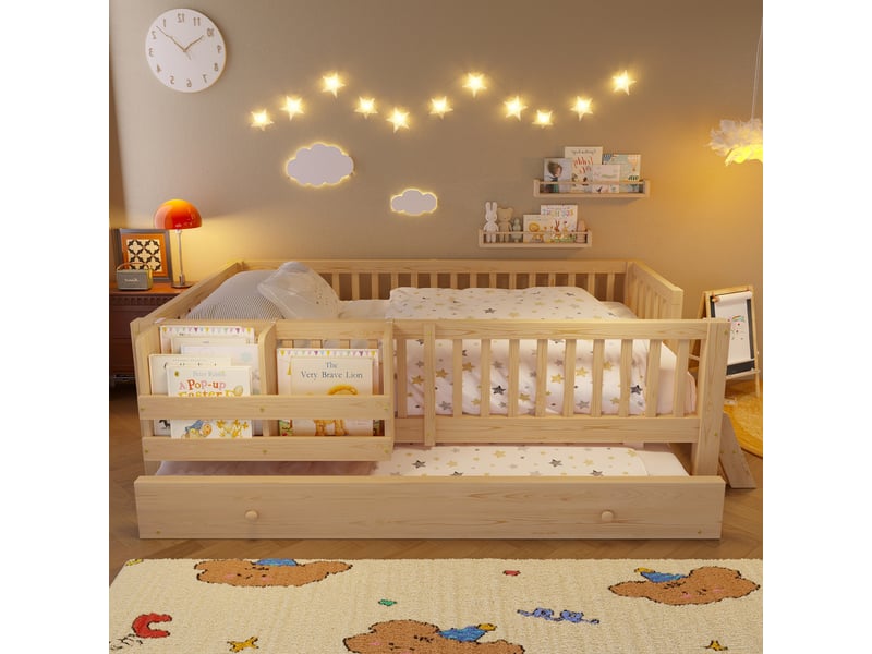  Lit enfant 90×200 cm, 1 place avec barrière et couchage gigogne - sans matelas - en bois massif - bois naturel  - Conforama C