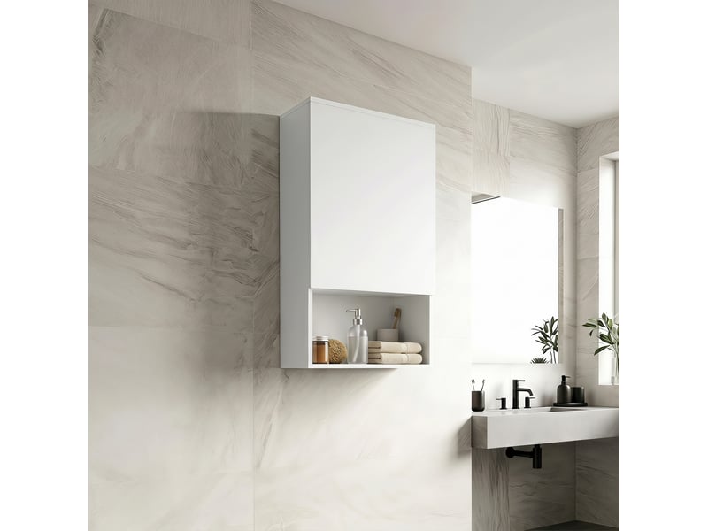  Meuble de salle de bain mural blanc 40 x 27 x 77 cm, porte sans poignée et niche ouverte  - Conforama C