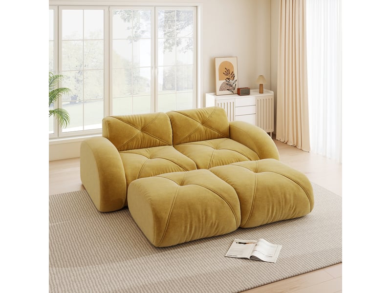  Canapé modulaire 2 places sans armature avec poufs, confort en chenille et mousse 32d, pour salon, jaune  - Conforama D