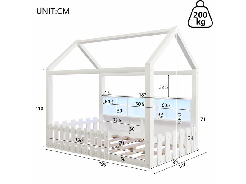  Lit cabane enfant 90x190 cm blanc en bois massif,  sommier à lattes, style maison, couchage maisonnette barrière de sécurité, led  - Conforama C
