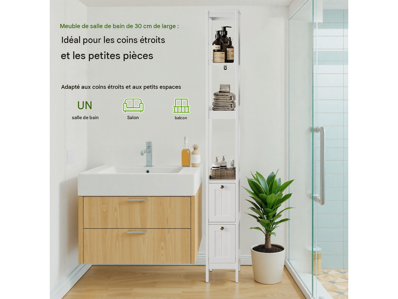  Colonne de salle de bain 2 tiroirs 3 étagères blanc 20 x 30 x 160 cm W3180P324510 - Conforama E