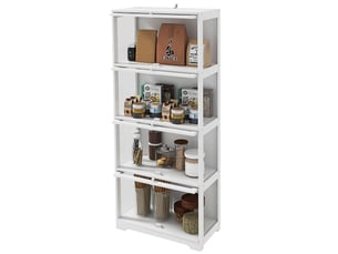 Vitrine à 4 niveaux avec portes à charnières, bois et acrylique, 59 x 30 x 139 cm, blanche