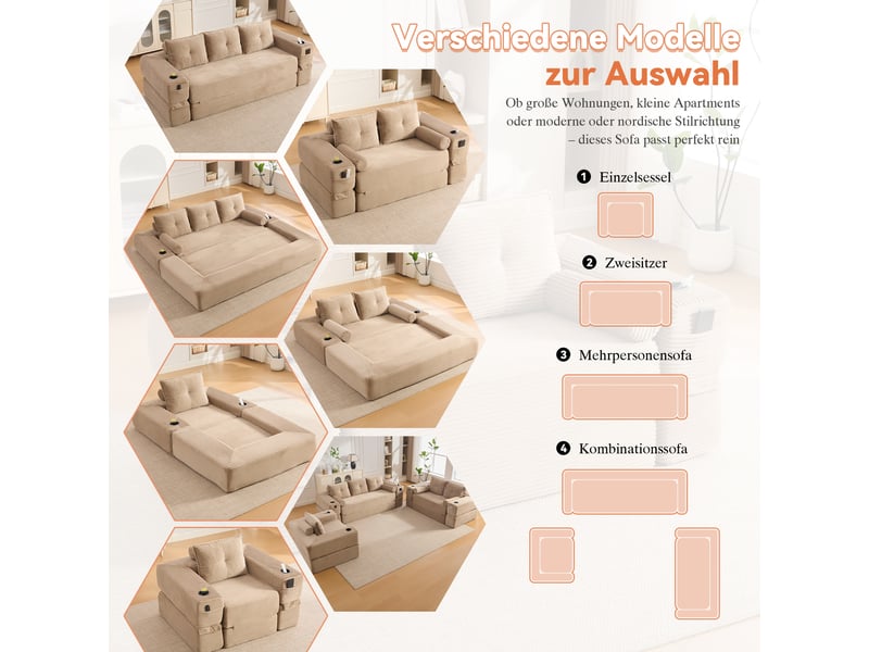  Canapé convertible 3 places avec porte-gobelet -  coussins mémoire, velours côtelé kaki 232 × 98 × 80 cm  - Conforama E