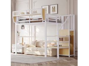 Lit mezzanine 90x200 cm en métal blanc avec échelle sécurisée et étagère modulable