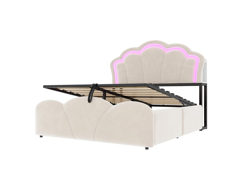 Lit velours beige 140x200 cm, rangement hydraulique, led, prises et tête fleur  - Conforama E