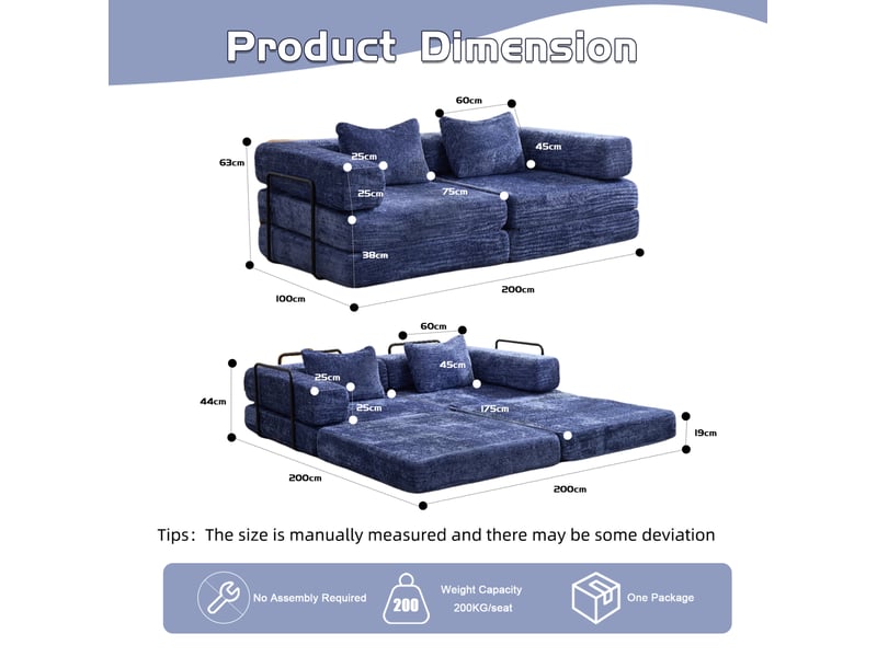  Canapé convertible modenvie 2 places modulable en tissu chenille bleu foncé 200 x 100 x 63 cm  - Conforama C