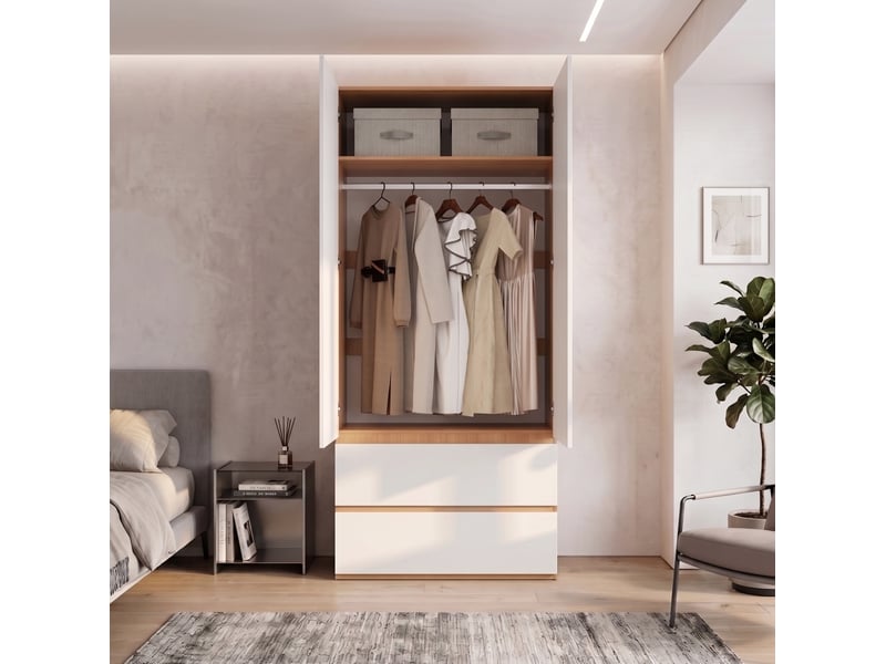  Armoire 2 portes 90x50x200 cm avec 2 tiroirs blanc et effet chêne  - Conforama D
