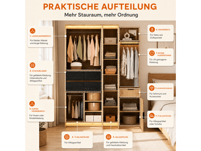  Armoire vestiaire d'entrée avec miroir et led 155x47x200 cm mdf chêne anthracite  - Conforama D