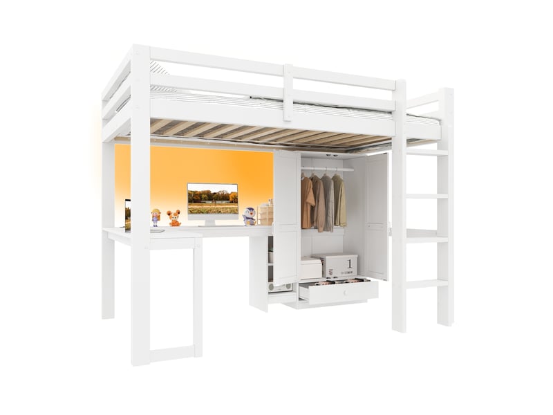  Lit mezzanine 90x200 cm bureau rangement, armoire escalier, usb led, mdf pin blanc sans matelas  - Conforama A