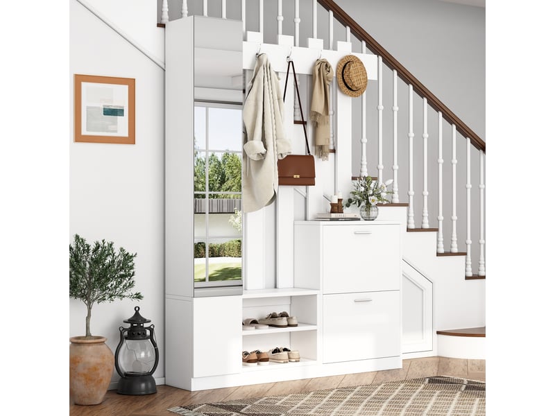  Vestiaire d'entrée compact, meuble d'entrée avec meuble à chaussures et miroir de couloir, portemanteau mural gain de place 135x25x180cm, blanc  - Conforama B