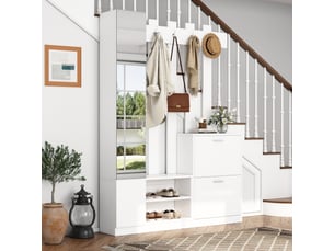 Vestiaire d'entrée compact, meuble d'entrée avec meuble à chaussures et miroir de couloir, portemanteau mural gain de place 135x25x180cm, blanc