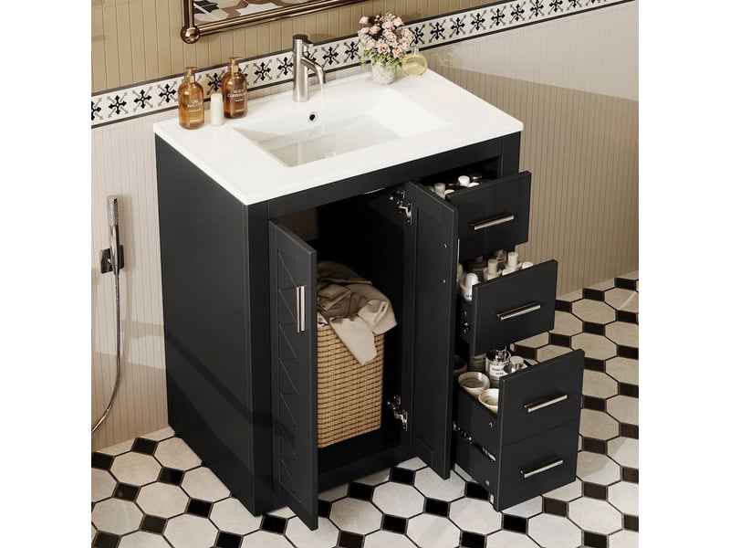  Meuble vasque noir 76 cm avec vasque en céramique, 3 tiroirs et rangement au sol  - Conforama B