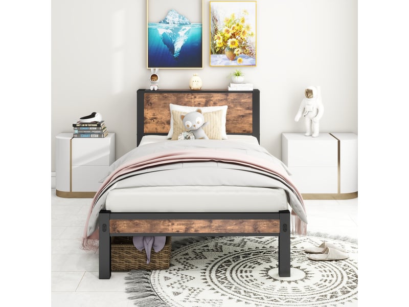  Lit enfant 90x200 cm avec sommier à lattes, lit métal avec bois brun antique, sans matelas  - Conforama W