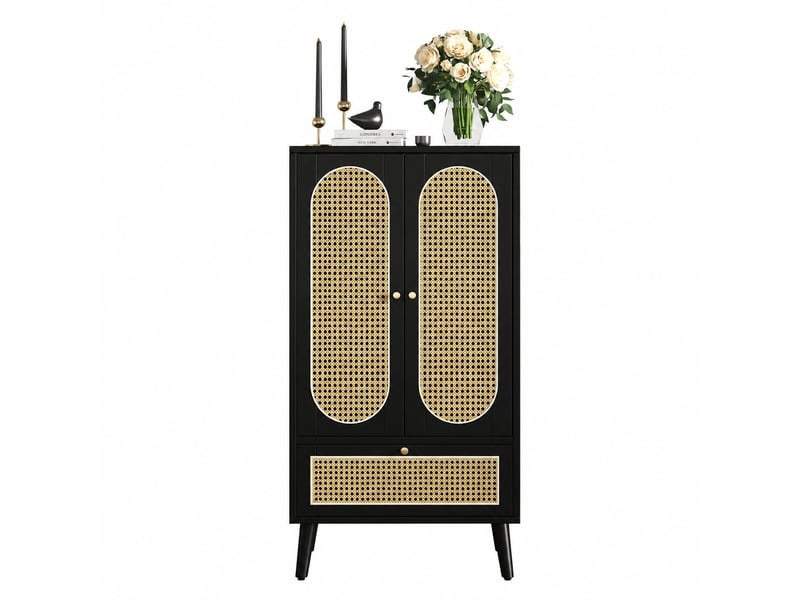  Buffet noir en rotin à 2 portes et 1 tiroir, hauteur 110,5 cm  - Conforama A