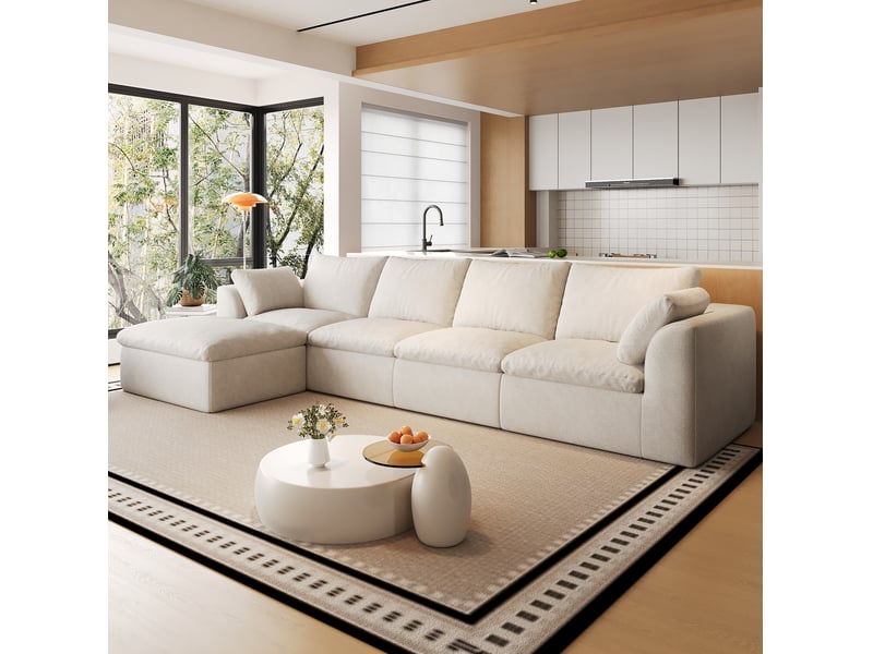  Canapé d'angle gauche 5 places 310 x 155 cm beige blanc en tissu de lin, mousse haute élasticité  - Conforama B