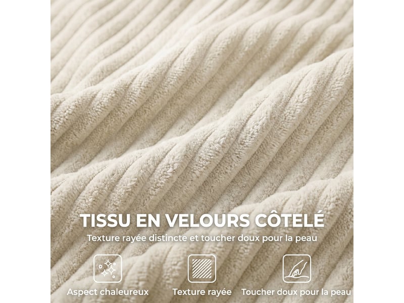  Canapé 3 places en velours côtelé, canapé de salon moderne 225 cm, assise large, coussin à ressorts, crème  - Conforama R