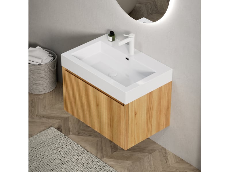 Meuble sous vasque suspendu avec 1 tiroir et vasque rectangulaire en résine blanche pour salle de bain 70 × 46 × 50 cm - Conforama B