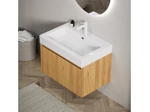 Meuble sous vasque suspendu avec 1 tiroir et vasque rectangulaire en résine blanche pour salle de bain 70 × 46 × 50 cm