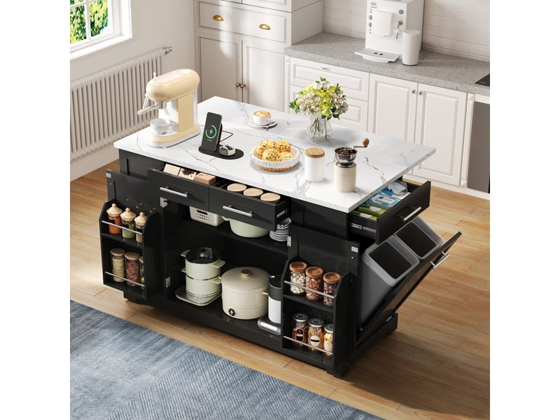 Desserte de cuisine à plateau rabattable avec prise, poubelle coulissante et roulettes, en mdf noir, 138×86×92 cm - Conforama B
