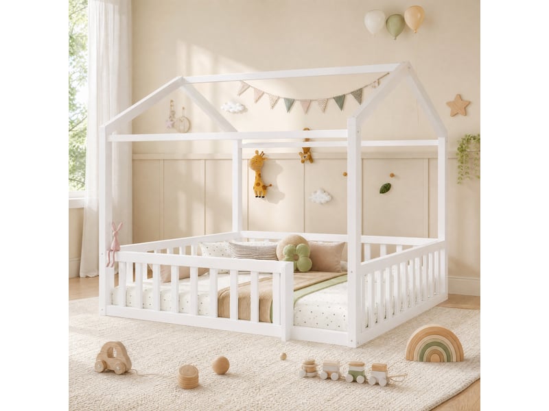 Lit avec barrière simple, coffre, led réglable et étagères 90×190 cm et 180×190 cm, sans matelas, en pin, blanc - Conforama B