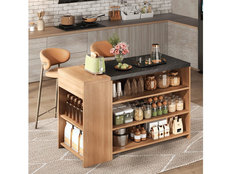  Îlot de cuisine 140x60x90 cm noir effet marbre et chêne naturel avec rangement  - Conforama B