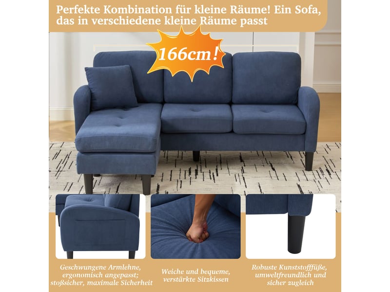 Canapé d'angle en l modulable, canapé 3 places velours côtelé bleu avec méridienne réversible, adapté aux petits espaces, 166x118x77 cm. - Conforama D