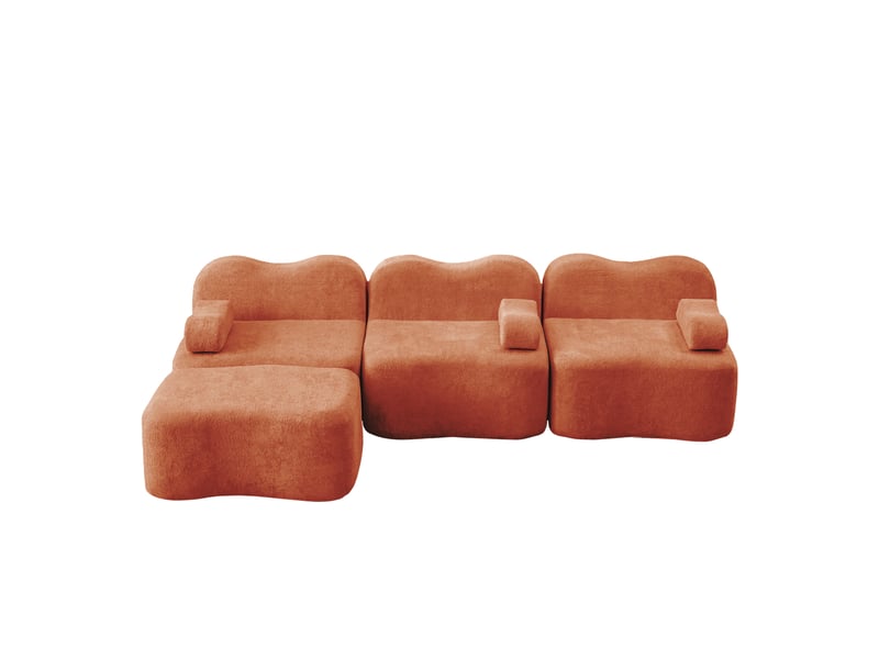Canapé d'angle modulaire 3 places avec assise profonde, ottoman et dossier ergonomique, en velours, orange - Conforama A