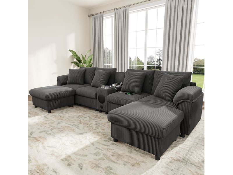  Canapé modulable d'angle avec console bluetooth, recharge sans fil et ports usb, 6 places gris evryae  - Conforama D