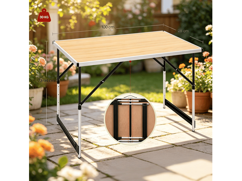 Table de camping pliante 100x60 cm – chêne clair – hauteur réglable sur 4 niveaux avec poignée pratique - Conforama C