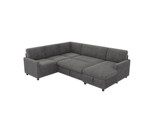 Canapé panoramique gris en velours côtelé, 220 × 274 × 85 cm, avec couchage et rangement, pour salon