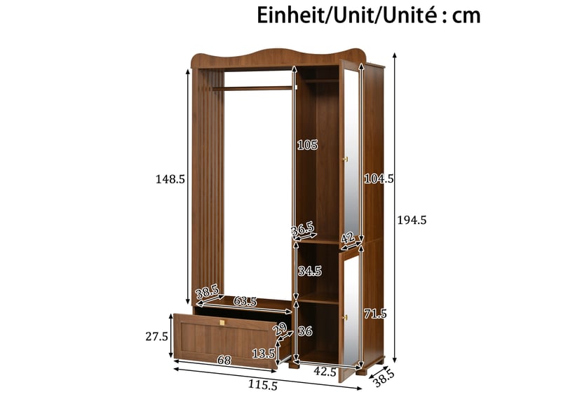  Armoire penderie tcqpz avec miroir et rangement ouvert 115,5 x 38,5 x 194,5 cm mdf coloris noyer  - Conforama C