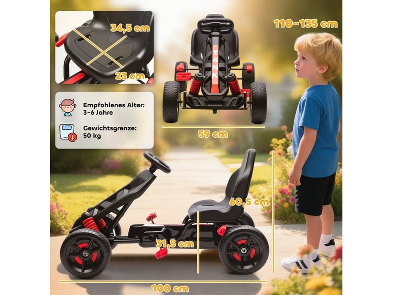  Kart à pédales enfant 100x59x60,5 cm avec frein et roues antidérapantes rouge  - Conforama D
