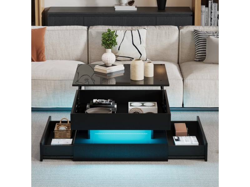 Table basse relevable noire 65×65 cm avec led, 2 tiroirs, design géométrique et rangement caché - Conforama E