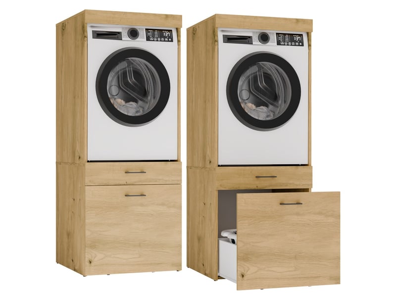  POLA 2S - Meuble de salle de bains pour lave-linge ou sèche-linge, 2 tiroirs - 64x162x64 cm - CHÊNE ARTISAN  - Conforama A