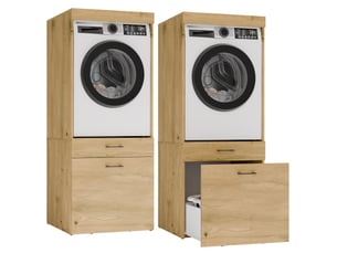 POLA 2S - Meuble de salle de bains pour lave-linge ou sèche-linge, 2 tiroirs - 64x162x64 cm - CHÊNE ARTISAN