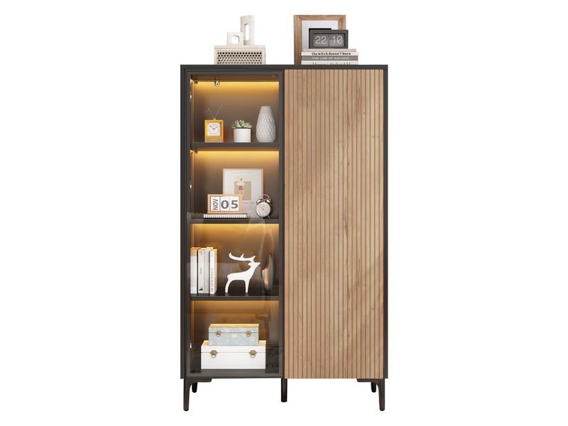  Vitrine d'exposition - 90x40x135cm - vitrine de salon avec led rgb app, 1 porte verre &amp; 1 porte côtelée - noir &amp; bois  - Conforama A