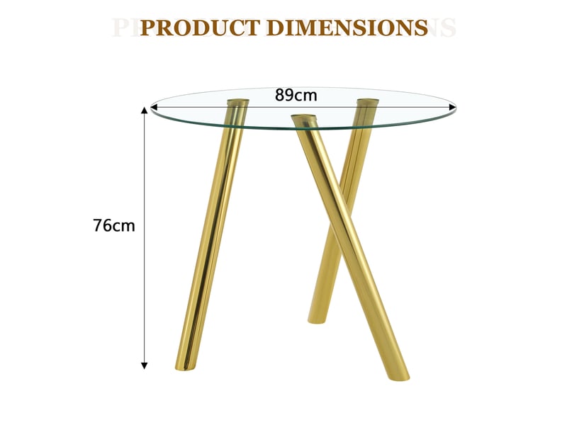  Table de salle à manger ronde fixe en verre trempé avec pieds en métal doré, finition brillante, 89 × 89 × 76 cm  - Conforama C