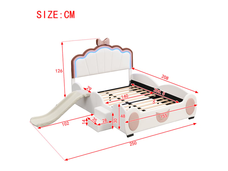  Lit enfant 140x200 cm avec toboggan, escalier et led coloris rose et blanc  - Conforama C