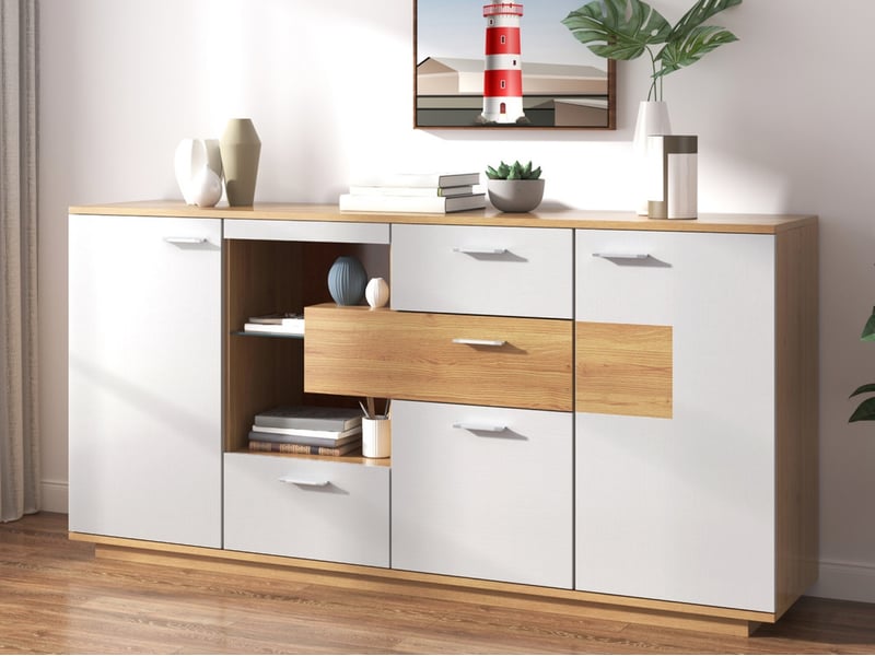 Buffet moderne, meuble de rangement, armoire avec 2 portes, 4 tiroirs et étagère en verre, aspect bois, pour cuisine, salle à manger et salon - Conforama B